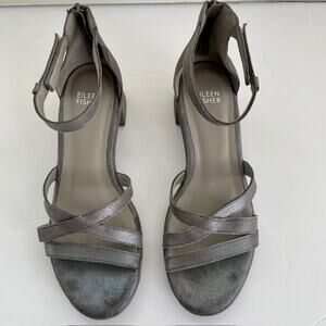 Eileen Fisher Gray Leather Block Heel Sandals | Size 6-1/2